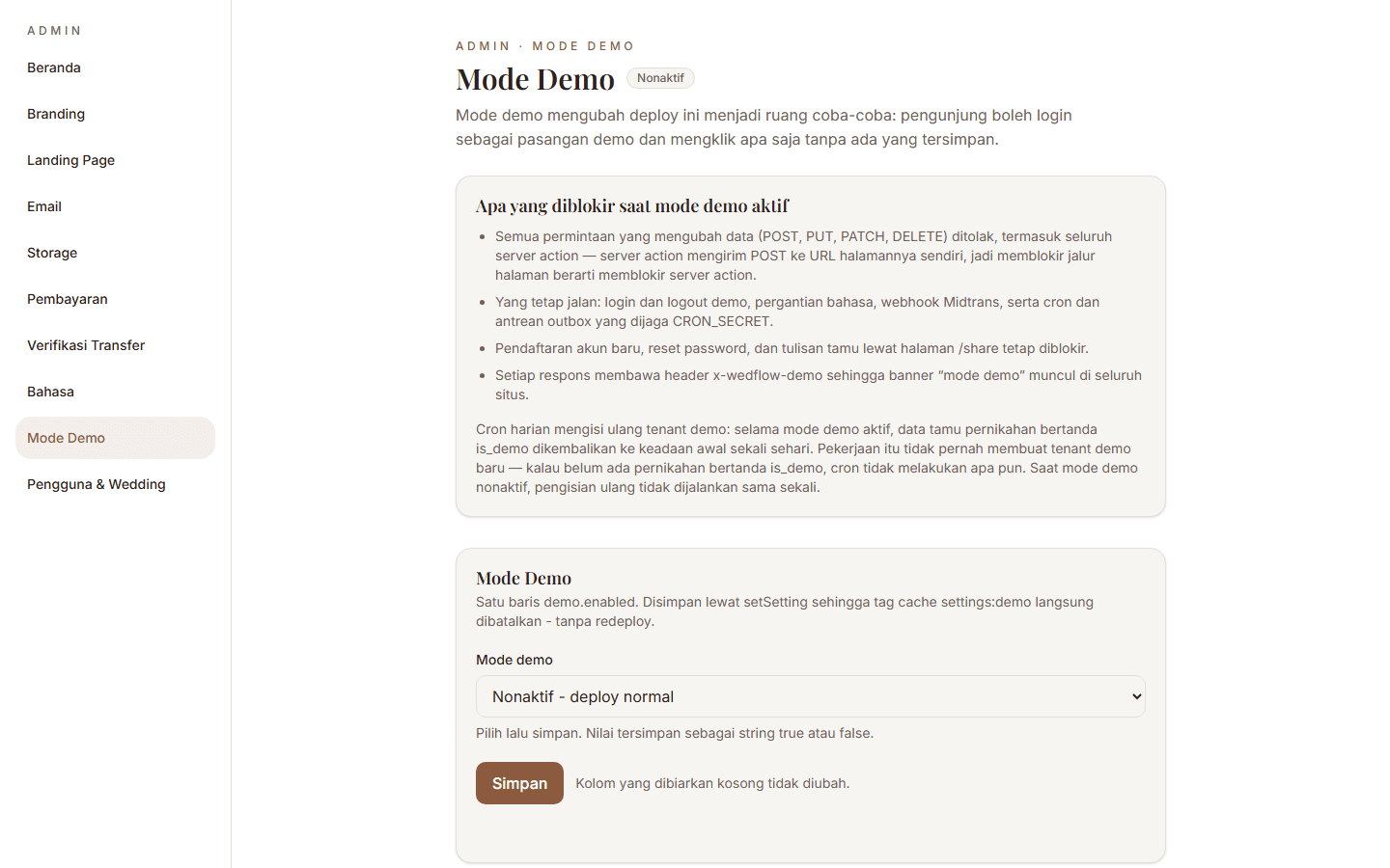 Tangkapan layar: Admin: Mode Demo