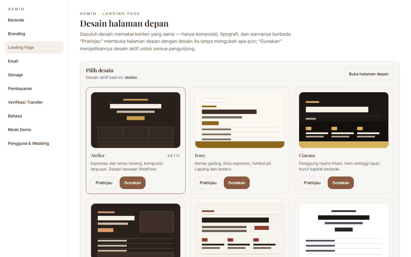 Tangkapan layar: Admin: Pilih Desain Landing